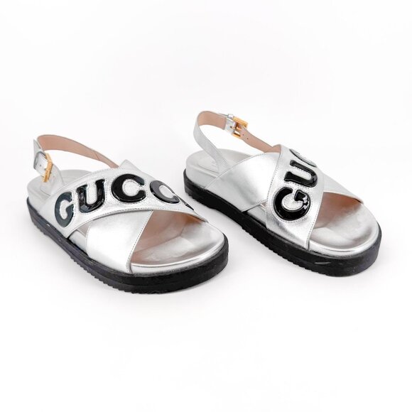 Gucci Ornella Slingback Sandals EU 38.5 US 8.5 Silver Leather Logo Cross Flat - Picture 1 of 14